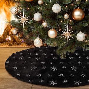 Black Halloween Christmas Tree Skirt, Fur with Silver Sequin Snowflakes Ornament
